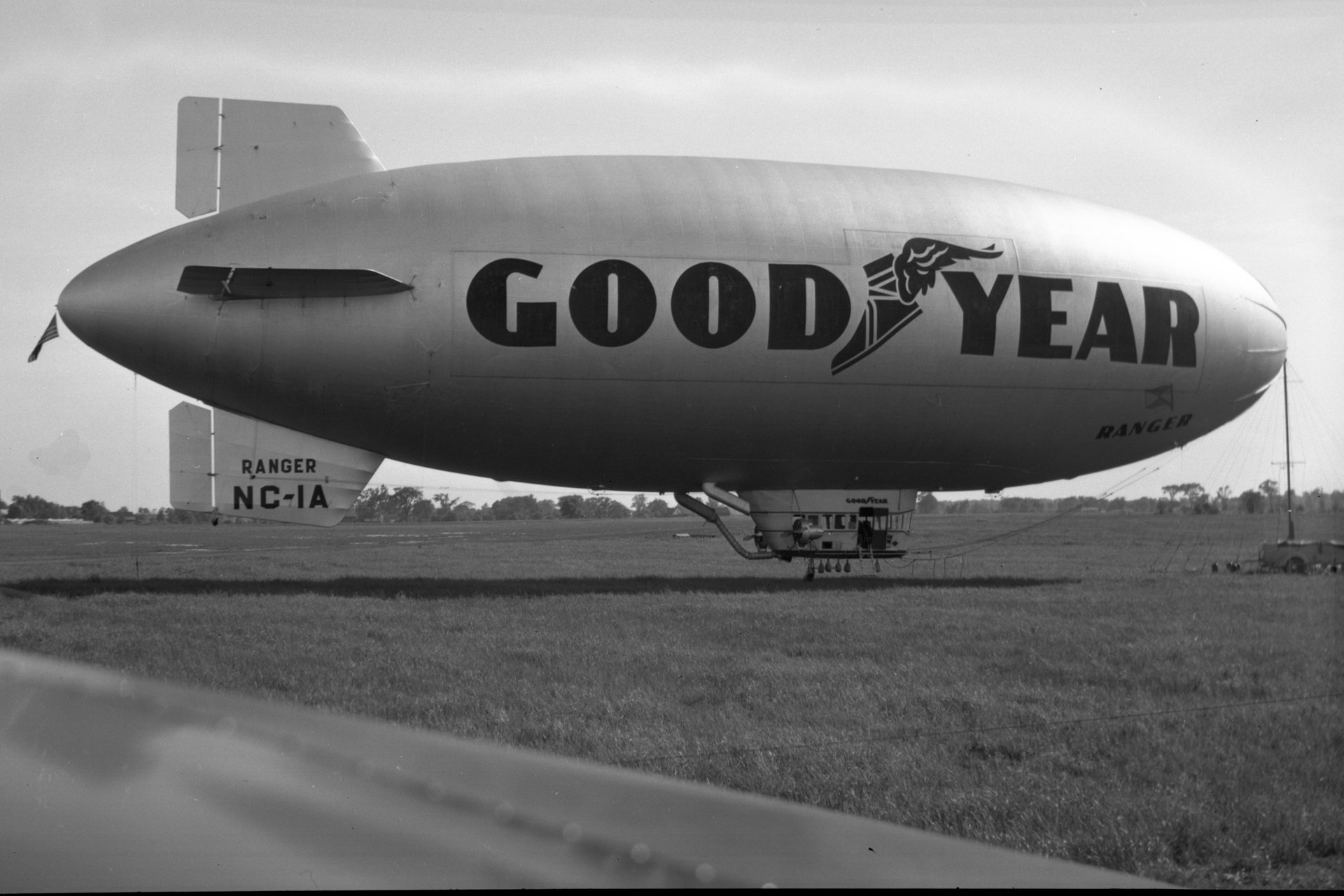 The Goodyear Ranger II (NC-1A) blimp docked to it's mobile station at Buffalo Airpark on June 13, 1947.