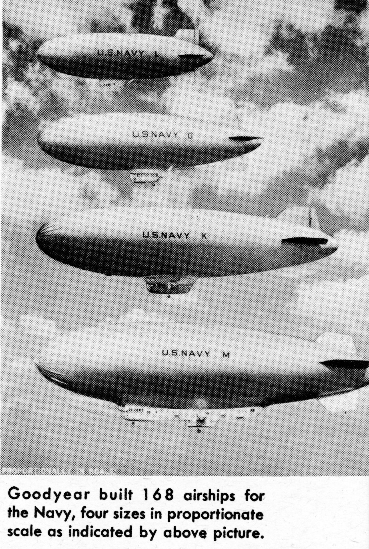 The four sizes in proportionate scale of the Goodyear blimp for the U.S. Navy.