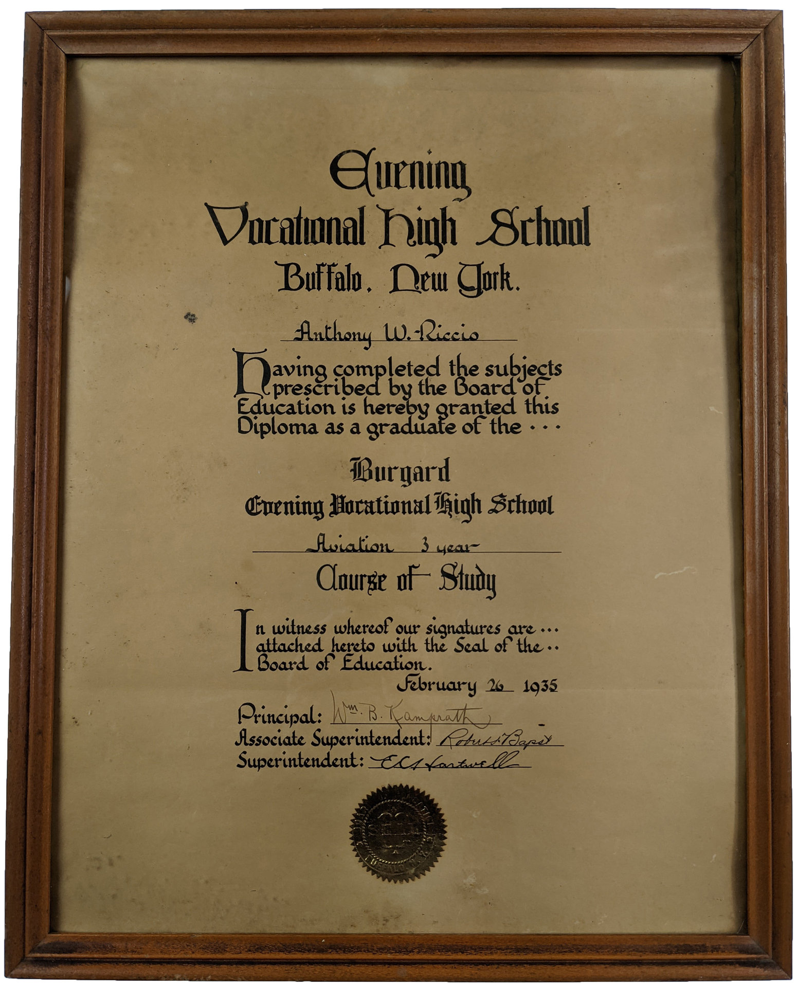 Tony Riccio's aviation diploma from the Burgard Evening Vocational High School dated February 26, 1935.