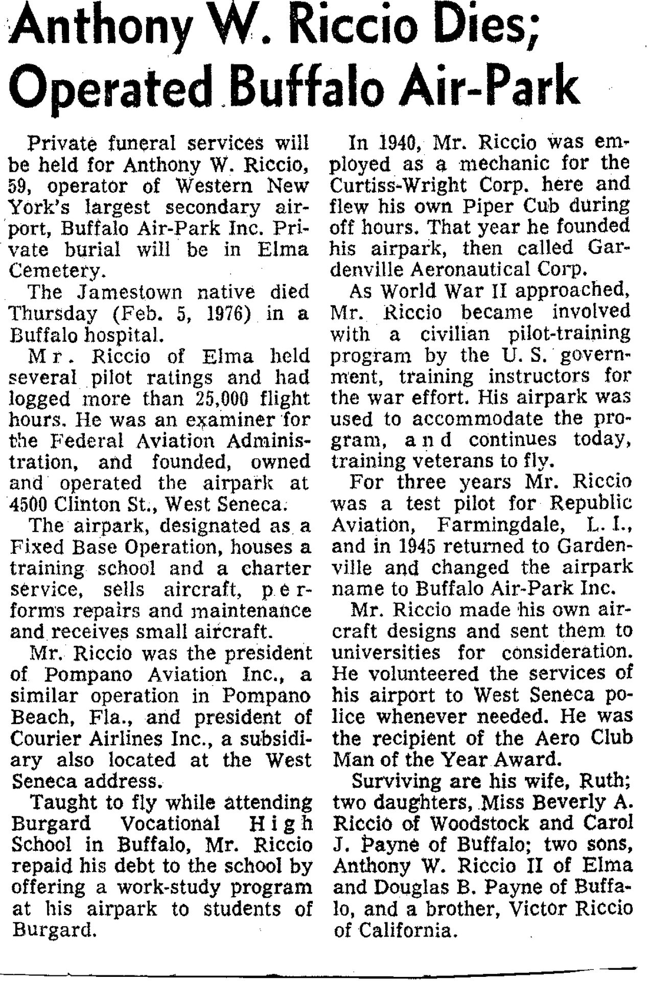 Tony Riccio's obituary.