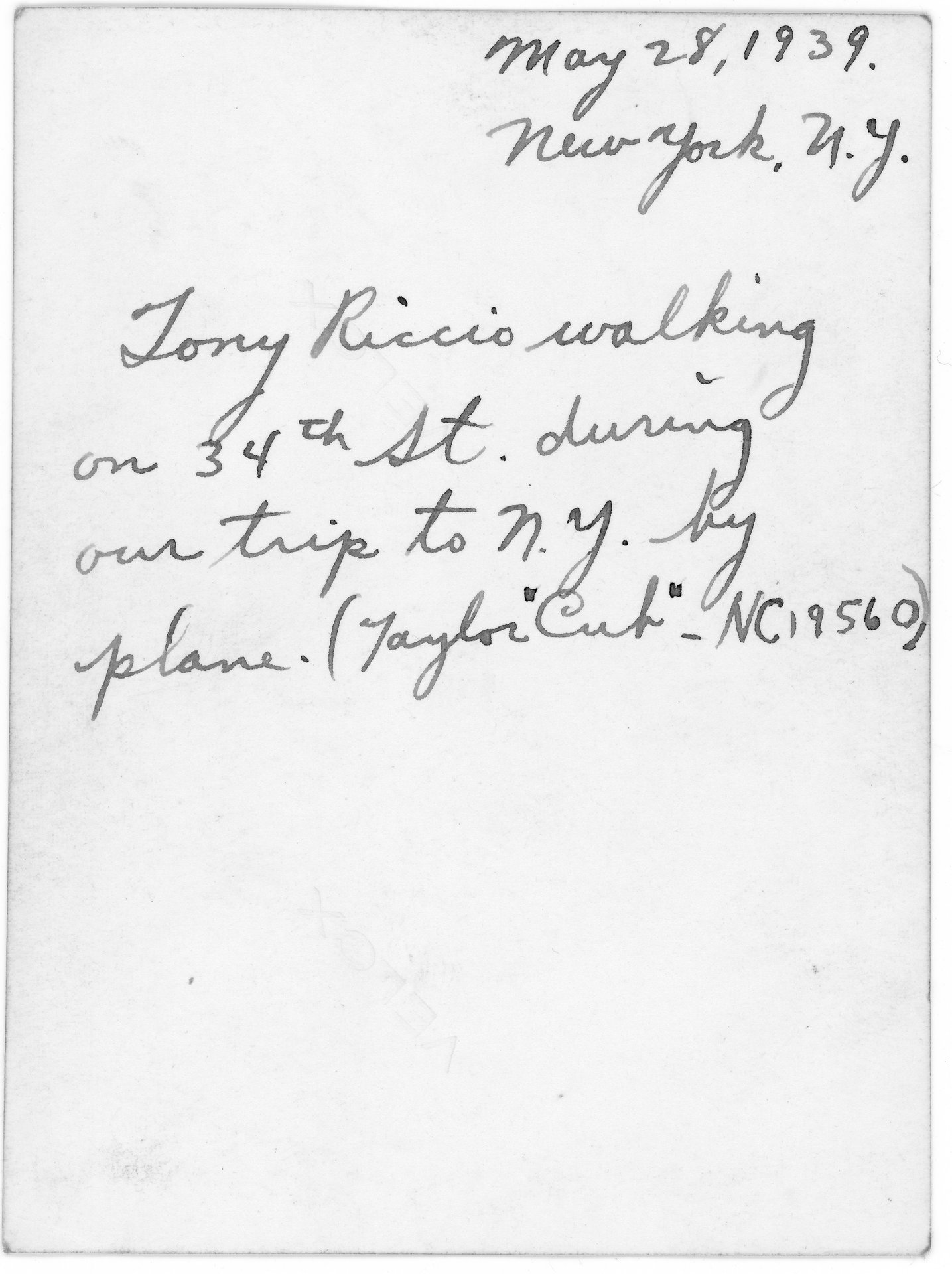 The back side of the above photo describing Tony Riccio in New York City on May 28, 1939.