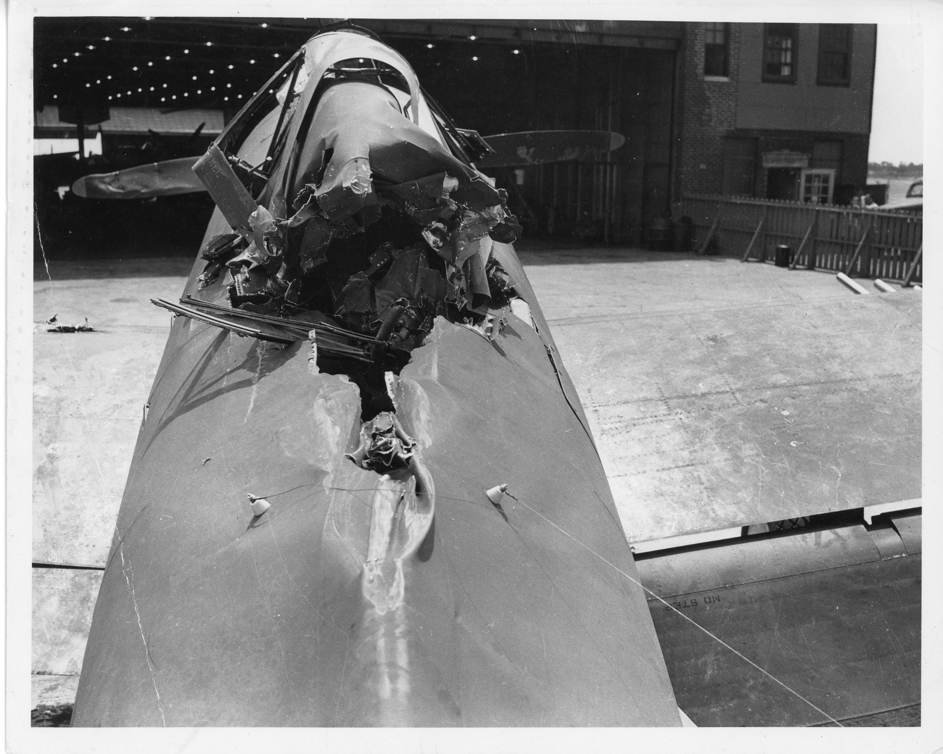 The propeller of the other P-47 cut into the rear of Tony's canopy!