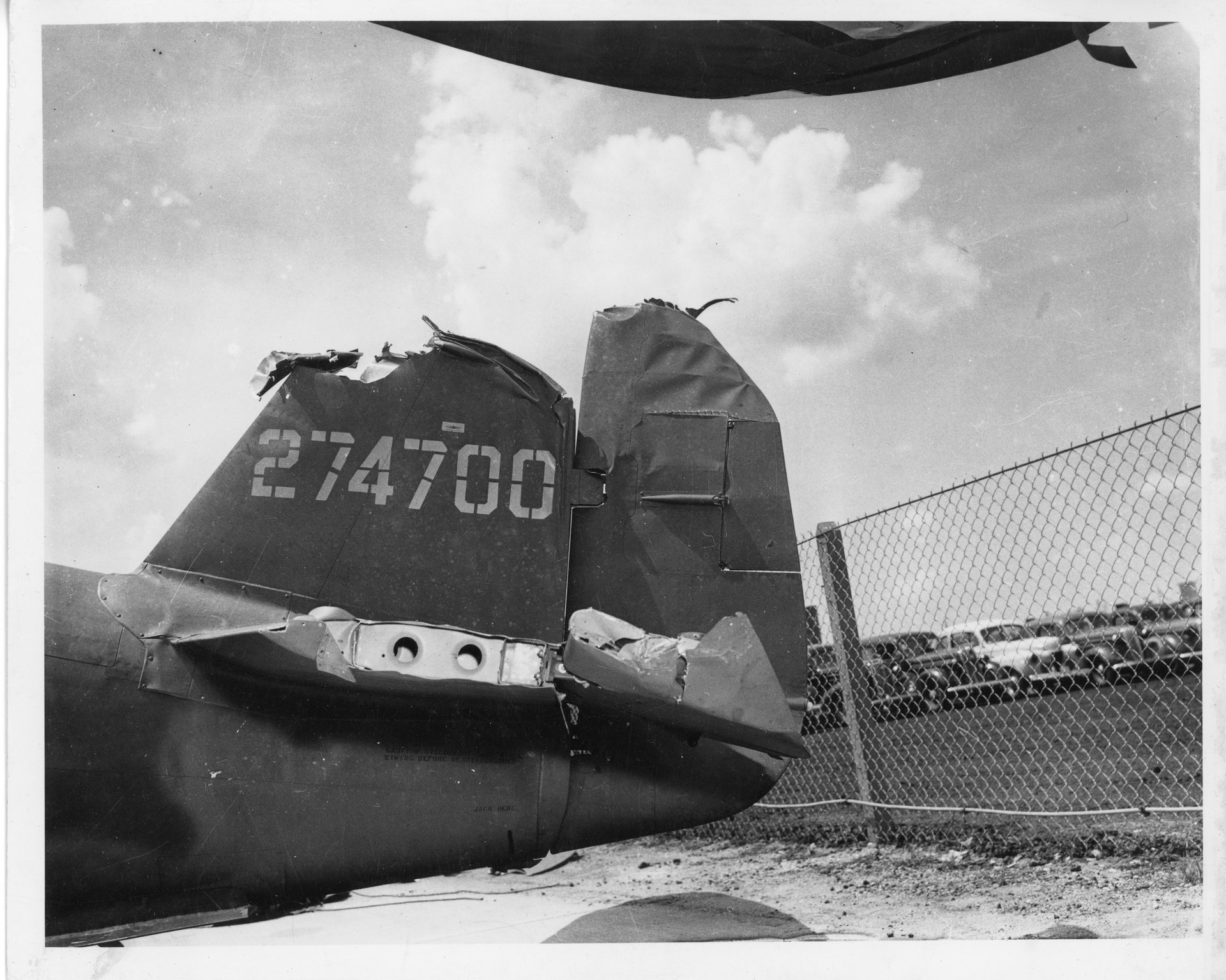 A very damaged vertical and horizontal stabilizer on Tony's P-47!